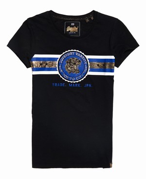 Superdry Tiger Crest Foil Stripe Női Pólók Fekete | DSHPJ9783